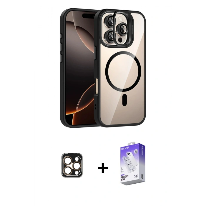 MARSİLYAN™- iPhone 16 Pro Max Kılıf Yadigar Asil Koleksiyonu - Siyah Bilvis 5in1 3D Magic Cam Ekran Koruyucu + PVD Metal Kamera Lens - GD