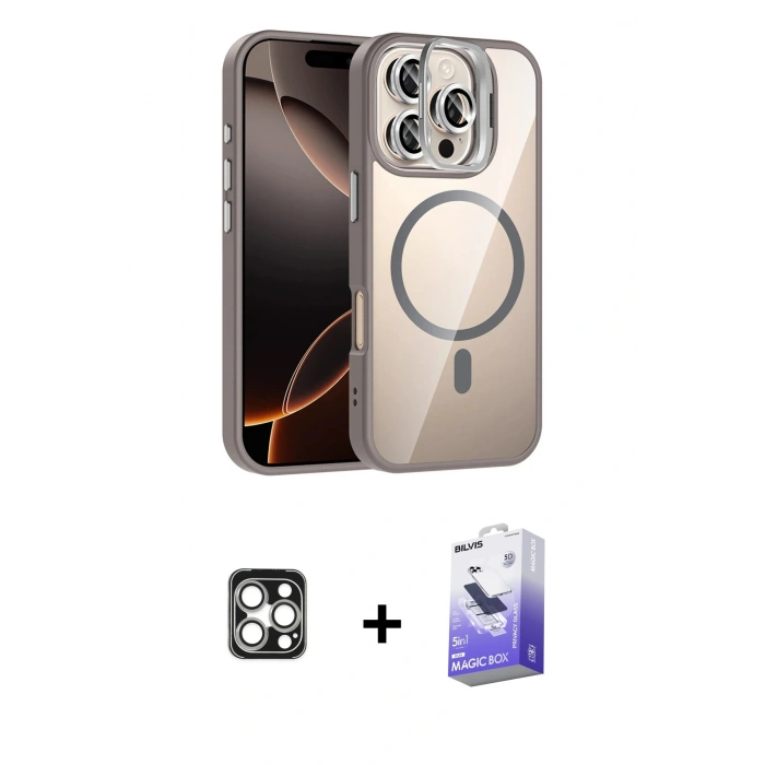 MARSİLYAN™- iPhone 16 Pro Max Kılıf Yadigar Asil Koleksiyonu - Siyah Bilvis 5in1 5D Magic Hayalet Cam Ekran Koruyucu + Gümüş PVD Metal Kamera Lens