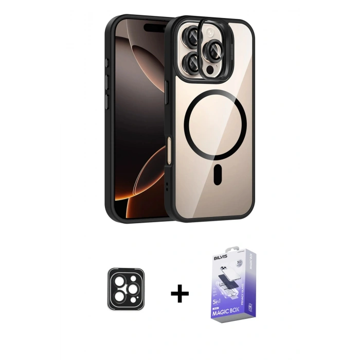 MARSİLYAN™- iPhone 16 Pro Max Kılıf Yadigar Asil Koleksiyonu - Siyah Bilvis 5in1 5D Magic Hayalet Cam Ekran Koruyucu + PVD Metal Kamera Lens - SH