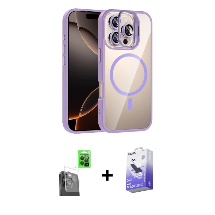 MARSİLYAN™- iPhone 16 Pro Max Kılıf Yadigar Asil Koleksiyonu - Siyah Bilvis 5in1 5D Magic Hayalet Cam Ekran Koruyucu + Siyah Raze Metal Kamera Lens