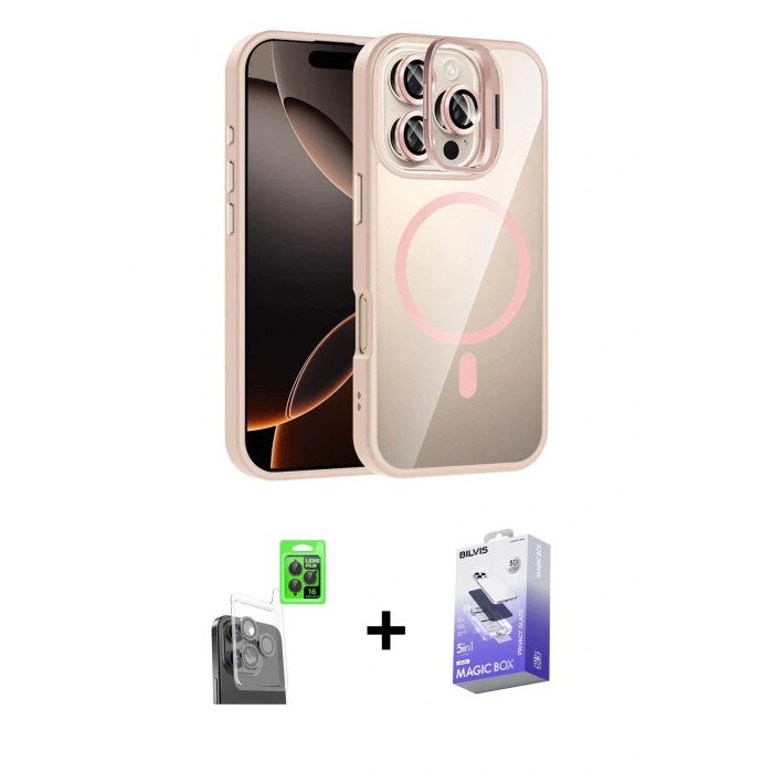 MARSİLYAN™- iPhone 16 Pro Max Kılıf Yadigar Asil Koleksiyonu - Siyah Bilvis 5in1 5D Magic Hayalet Cam Ekran Koruyucu + Siyah Raze Metal Kamera Lens