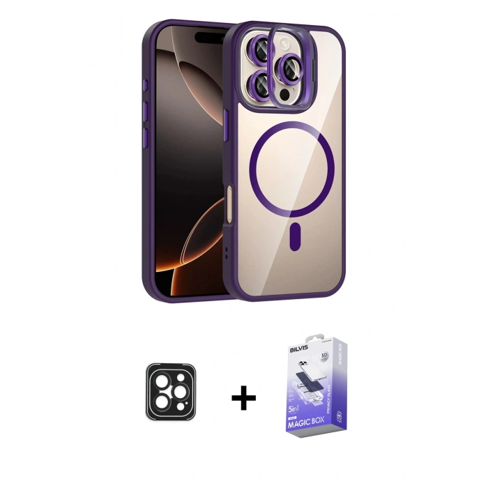 MARSİLYAN™- iPhone 16 Pro Max Kılıf Yadigar Asil Koleksiyonu - Siyah Bilvis 5in1 5D Magic Hayalet Cam Ekran Koruyucu + PVD Metal Kamera Lens - SH