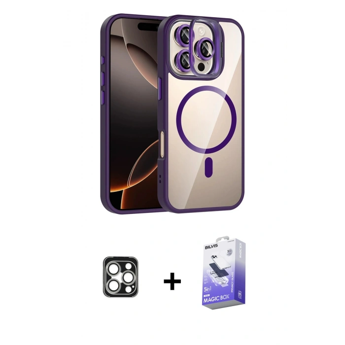 MARSİLYAN™- iPhone 16 Pro Max Kılıf Yadigar Asil Koleksiyonu - Siyah Bilvis 5in1 5D Magic Hayalet Cam Ekran Koruyucu + Gümüş PVD Metal Kamera Lens