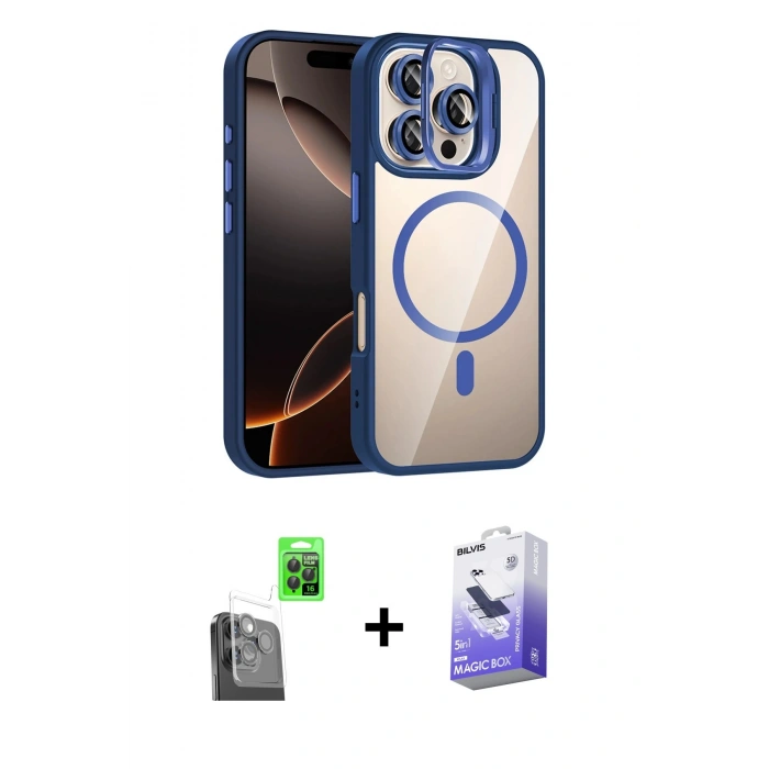 MARSİLYAN™- iPhone 16 Pro Max Kılıf Yadigar Asil Koleksiyonu - Siyah Bilvis 5in1 5D Magic Hayalet Cam Ekran Koruyucu + Siyah Raze Metal Kamera Lens