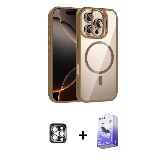 MARSİLYAN™- iPhone 16 Pro Max Kılıf Yadigar Asil Koleksiyonu - Siyah Bilvis 5in1 5D Magic Hayalet Cam Ekran Koruyucu + Gümüş PVD Metal Kamera Lens