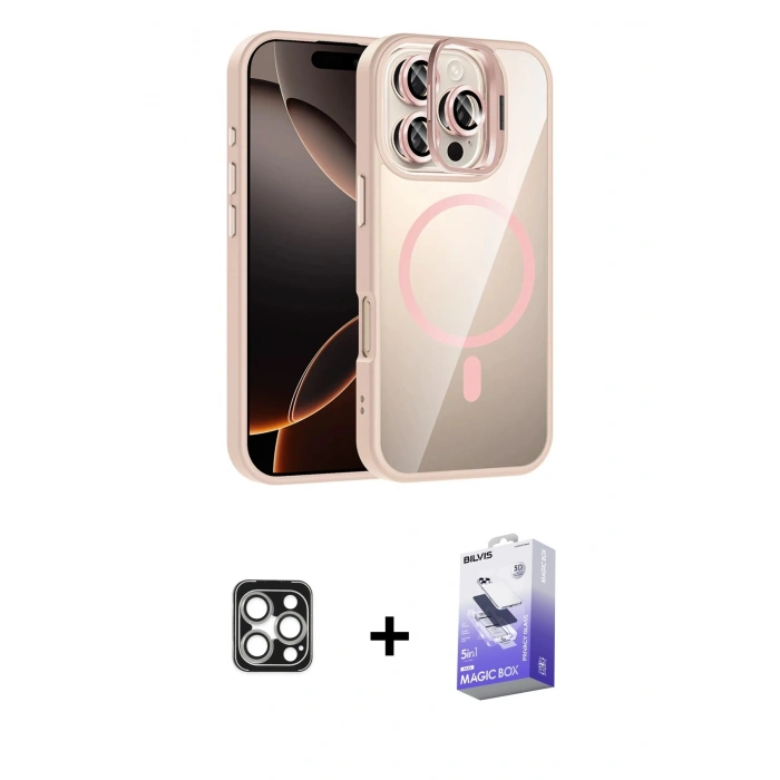 MARSİLYAN™- iPhone 16 Pro Max Kılıf Yadigar Asil Koleksiyonu - Siyah Bilvis 5in1 5D Magic Hayalet Cam Ekran Koruyucu + Gümüş PVD Metal Kamera Lens