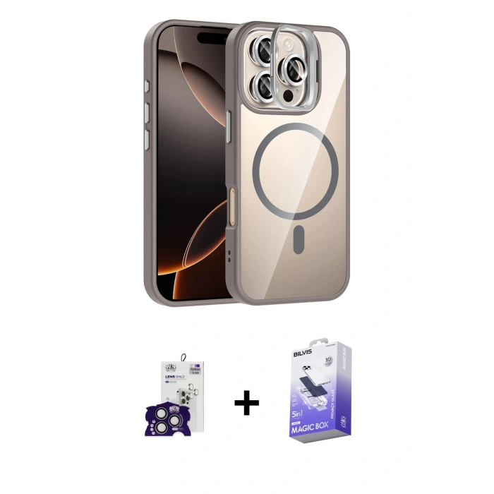 MARSİLYAN™- iPhone 16 Pro Max Kılıf Yadigar Asil Koleksiyonu - Siyah Bilvis 5in1 5D Magic Hayalet Cam Ekran Koruyucu + Titanyum Gri Bilvis Titan Kamera Lens