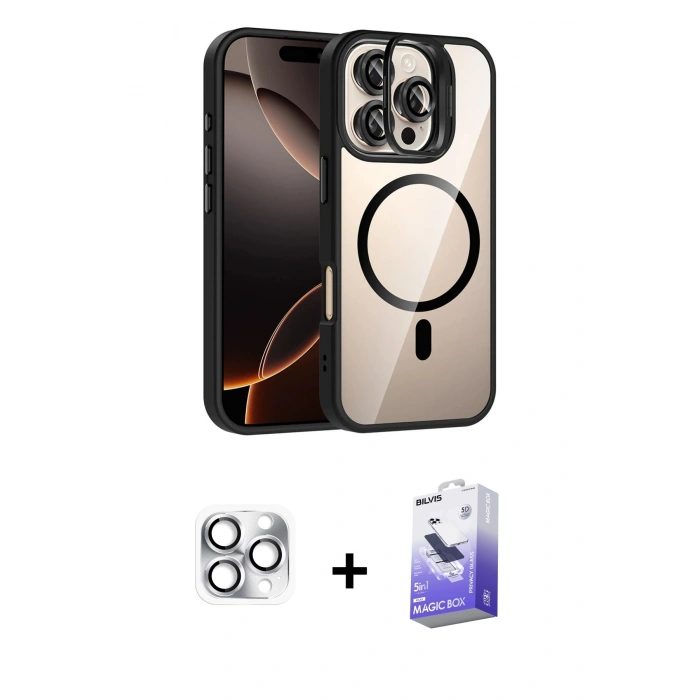 MARSİLYAN™- iPhone 16 Pro Max Kılıf Yadigar Asil Koleksiyonu - Siyah Bilvis 5in1 5D Magic Hayalet Cam Ekran Koruyucu + Pers Alüminyum Kamera Lens - GS