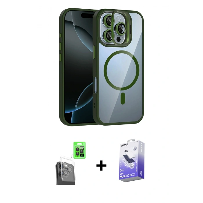 MARSİLYAN™- iPhone 16 Pro Max Kılıf Yadigar Asil Koleksiyonu - Siyah Bilvis 5in1 5D Magic Hayalet Cam Ekran Koruyucu + Siyah Raze Metal Kamera Lens