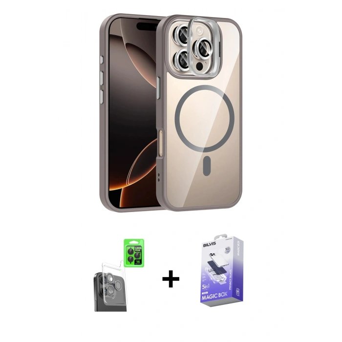 MARSİLYAN™- iPhone 16 Pro Max Kılıf Yadigar Asil Koleksiyonu - Siyah Bilvis 5in1 5D Magic Hayalet Cam Ekran Koruyucu + Siyah Raze Metal Kamera Lens