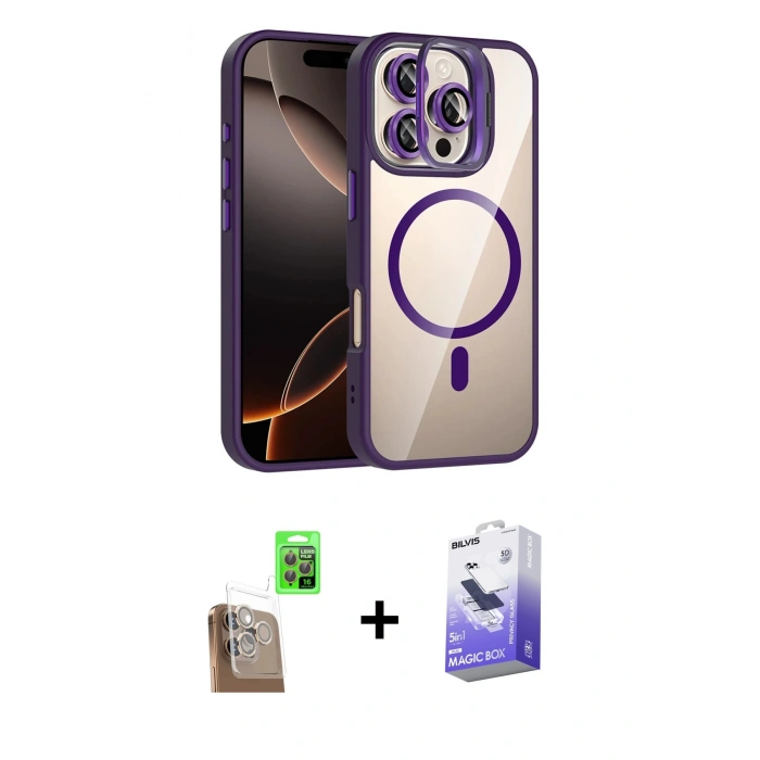 MARSİLYAN™- iPhone 16 Pro Max Kılıf Yadigar Asil Koleksiyonu - Siyah Bilvis 5in1 5D Magic Hayalet Cam Ekran Koruyucu + Raze Metal Kamera Lens - CLTM