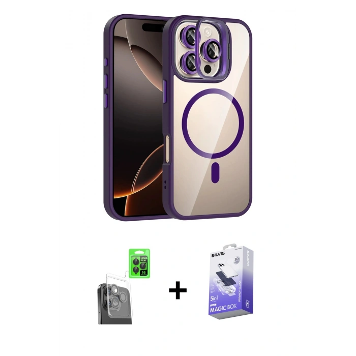 MARSİLYAN™- iPhone 16 Pro Max Kılıf Yadigar Asil Koleksiyonu - Siyah Bilvis 5in1 5D Magic Hayalet Cam Ekran Koruyucu + Siyah Raze Metal Kamera Lens