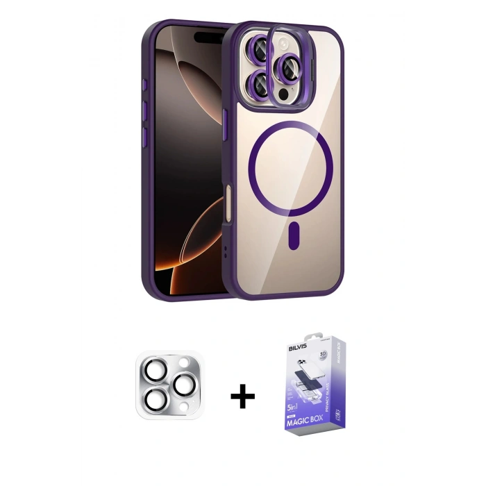 MARSİLYAN™- iPhone 16 Pro Max Kılıf Yadigar Asil Koleksiyonu - Siyah Bilvis 5in1 5D Magic Hayalet Cam Ekran Koruyucu + Pers Alüminyum Kamera Lens - GS