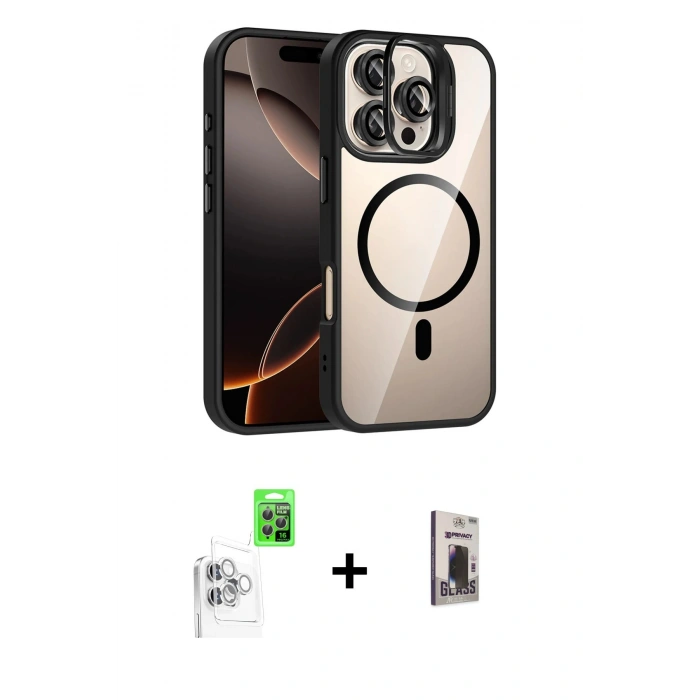 MARSİLYAN™- iPhone 16 Pro Max Kılıf Yadigar Asil Koleksiyonu - Siyah Bilvis Hayalet Cam Ekran Koruyucu + Raze Metal Kamera Lens - BZ
