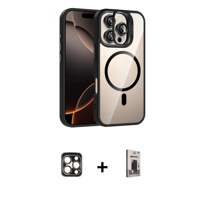 MARSİLYAN™- iPhone 16 Pro Max Kılıf Yadigar Asil Koleksiyonu - Siyah Bilvis Hayalet Cam Ekran Koruyucu + PVD Metal Kamera Lens - GD