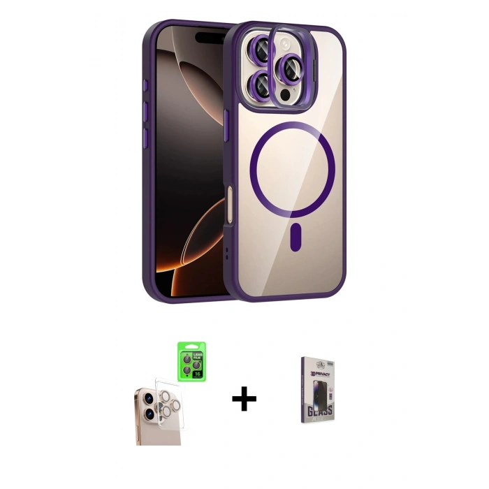 MARSİLYAN™- iPhone 16 Pro Max Kılıf Yadigar Asil Koleksiyonu - Siyah Bilvis Hayalet Cam Ekran Koruyucu + Natural Grey Raze Metal Kamera Lens