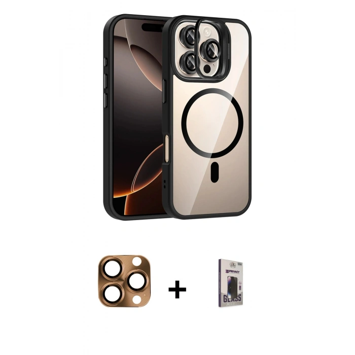 MARSİLYAN™- iPhone 16 Pro Max Kılıf Yadigar Asil Koleksiyonu - Siyah Bilvis Hayalet Cam Ekran Koruyucu + Pers Alüminyum Kamera Lens - CLTM