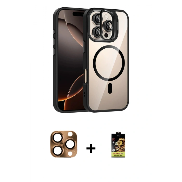 MARSİLYAN™- iPhone 16 Pro Max Kılıf Yadigar Asil Koleksiyonu - Siyah Buffer Cam Ekran Koruyucu + Pers Alüminyum Kamera Lens - CLTM