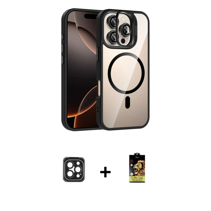 MARSİLYAN™- iPhone 16 Pro Max Kılıf Yadigar Asil Koleksiyonu - Siyah Buffer Cam Ekran Koruyucu + PVD Metal Kamera Lens - SH