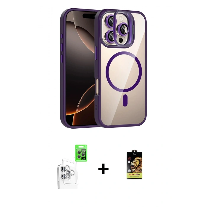 MARSİLYAN™- iPhone 16 Pro Max Kılıf Yadigar Asil Koleksiyonu - Siyah Buffer Cam Ekran Koruyucu + Raze Metal Kamera Lens - BZ