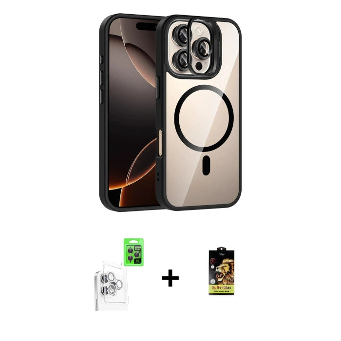 MARSİLYAN™- iPhone 16 Pro Max Kılıf Yadigar Asil Koleksiyonu - Siyah Buffer Cam Ekran Koruyucu + Raze Metal Kamera Lens - BZ