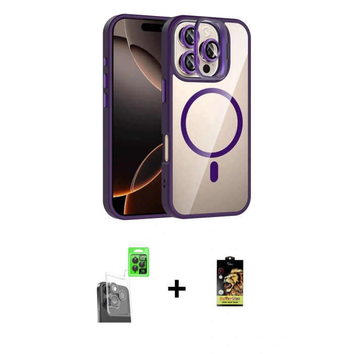 MARSİLYAN™- iPhone 16 Pro Max Kılıf Yadigar Asil Koleksiyonu - Siyah Buffer Cam Ekran Koruyucu + Raze Metal Kamera Lens - SH
