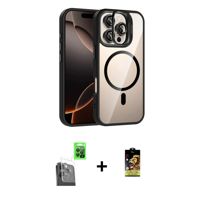 MARSİLYAN™- iPhone 16 Pro Max Kılıf Yadigar Asil Koleksiyonu - Siyah Buffer Cam Ekran Koruyucu + Raze Metal Kamera Lens - SH