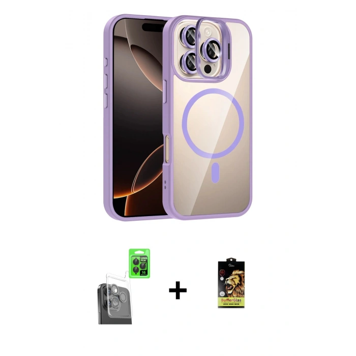 MARSİLYAN™- iPhone 16 Pro Max Kılıf Yadigar Asil Koleksiyonu - Siyah Buffer Cam Ekran Koruyucu + Raze Metal Kamera Lens - SH
