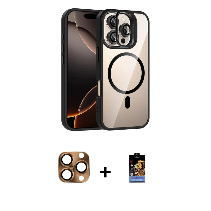 MARSİLYAN™- iPhone 16 Pro Max Kılıf Yadigar Asil Koleksiyonu - Siyah Buffer Hayalet Cam Ekran Koruyucu + Pers Alüminyum Kamera Lens - CLTM