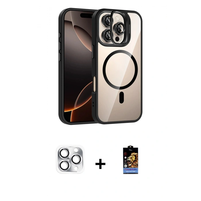MARSİLYAN™- iPhone 16 Pro Max Kılıf Yadigar Asil Koleksiyonu - Siyah Buffer Hayalet Cam Ekran Koruyucu + Pers Alüminyum Kamera Lens - GS