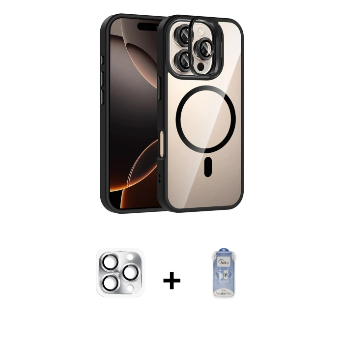 MARSİLYAN™- iPhone 16 Pro Max Kılıf Yadigar Asil Koleksiyonu - Siyah Joko Magic 5D Cam + Gümüş Pers Alüminyum Kamera Lens