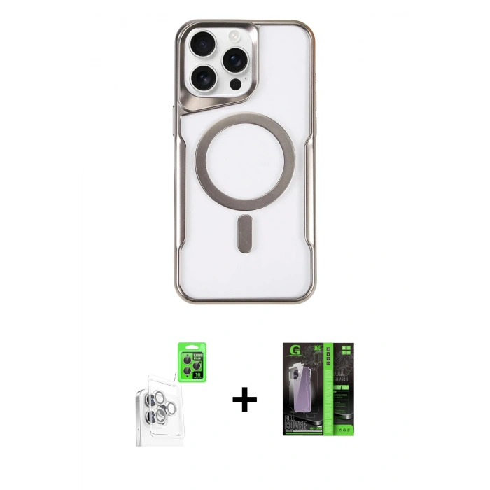 MARSİLYAN™- iPhone 16 Pro Max Kılıf Yadigar Klasik Özel Seri - Şeffaf 360 Full Body Arka Koruyucu + Beyaz Raze Metal Kamera Lens