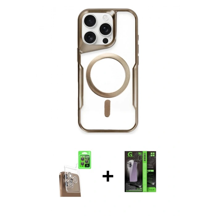 MARSİLYAN™- iPhone 16 Pro Max Kılıf Yadigar Klasik Özel Seri - Şeffaf 360 Full Body Arka Koruyucu + Çöl Titanyum Raze Metal Kamera Lens