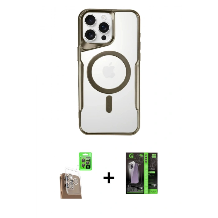 MARSİLYAN™- iPhone 16 Pro Max Kılıf Yadigar Klasik Özel Seri - Şeffaf 360 Full Body Arka Koruyucu + Çöl Titanyum Raze Metal Kamera Lens