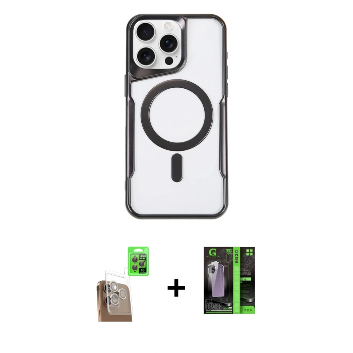 MARSİLYAN™- iPhone 16 Pro Max Kılıf Yadigar Klasik Özel Seri - Şeffaf 360 Full Body Arka Koruyucu + Çöl Titanyum Raze Metal Kamera Lens
