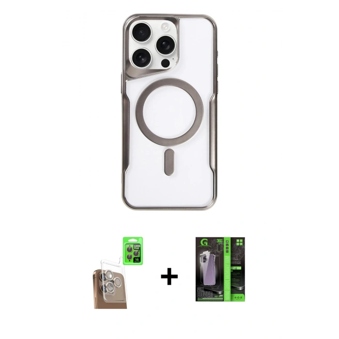MARSİLYAN™- iPhone 16 Pro Max Kılıf Yadigar Klasik Özel Seri - Şeffaf 360 Full Body Arka Koruyucu + Çöl Titanyum Raze Metal Kamera Lens