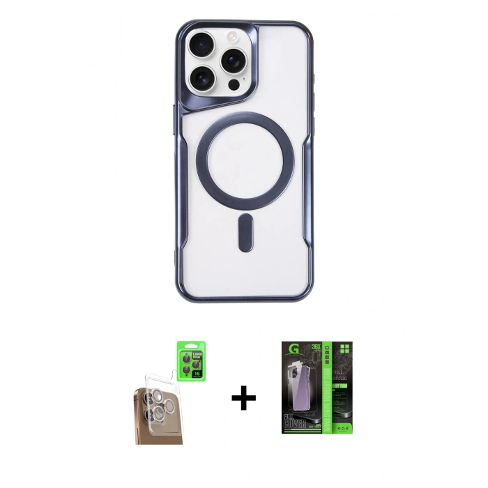 MARSİLYAN™- iPhone 16 Pro Max Kılıf Yadigar Klasik Özel Seri - Şeffaf 360 Full Body Arka Koruyucu + Çöl Titanyum Raze Metal Kamera Lens