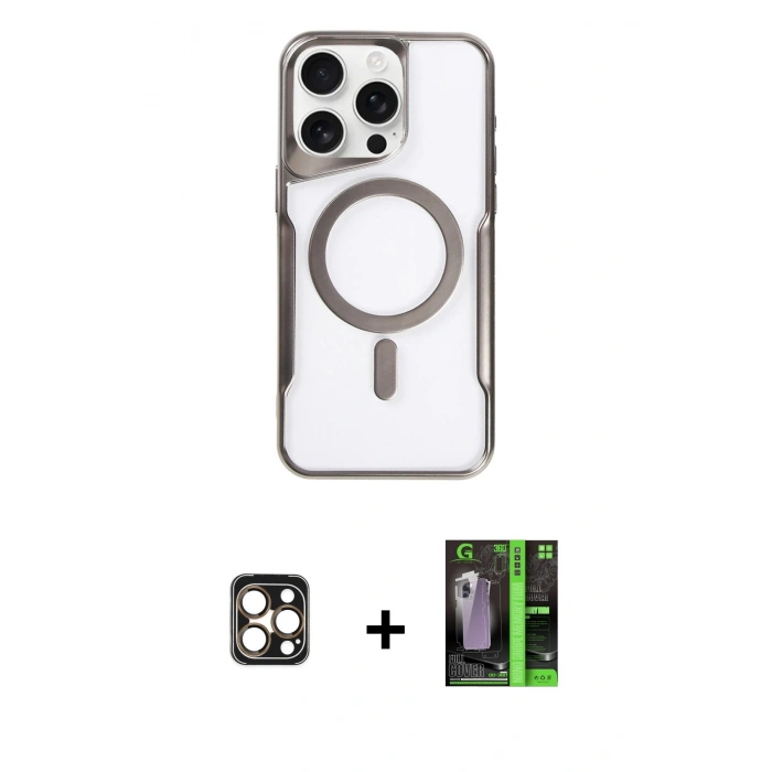 MARSİLYAN™- iPhone 16 Pro Max Kılıf Yadigar Klasik Özel Seri - Şeffaf 360 Full Body Arka Koruyucu + Gold PVD Metal Kamera Lens