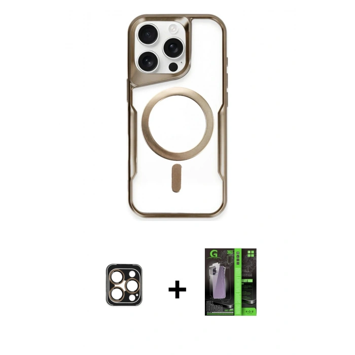 MARSİLYAN™- iPhone 16 Pro Max Kılıf Yadigar Klasik Özel Seri - Şeffaf 360 Full Body Arka Koruyucu + Gold PVD Metal Kamera Lens
