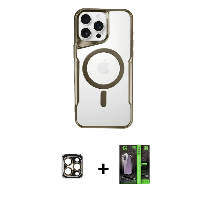 MARSİLYAN™- iPhone 16 Pro Max Kılıf Yadigar Klasik Özel Seri - Şeffaf 360 Full Body Arka Koruyucu + Gold PVD Metal Kamera Lens