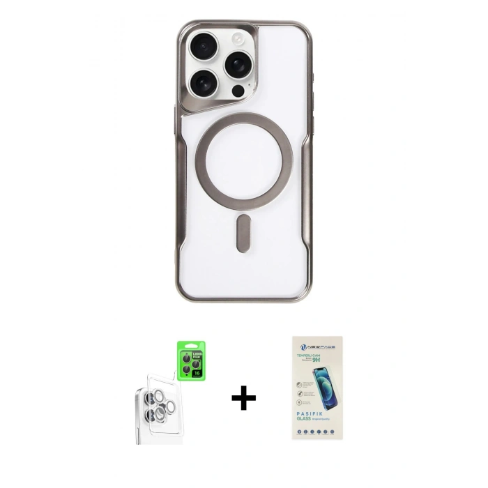 MARSİLYAN™- iPhone 16 Pro Max Kılıf Yadigar Klasik Özel Seri - Şeffaf Pasifik Cam Ekran Koruyucu + Beyaz Raze Metal Kamera Lens