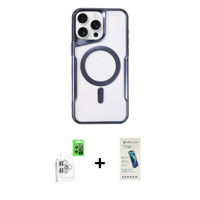 MARSİLYAN™- iPhone 16 Pro Max Kılıf Yadigar Klasik Özel Seri - Şeffaf Pasifik Cam Ekran Koruyucu + Beyaz Raze Metal Kamera Lens