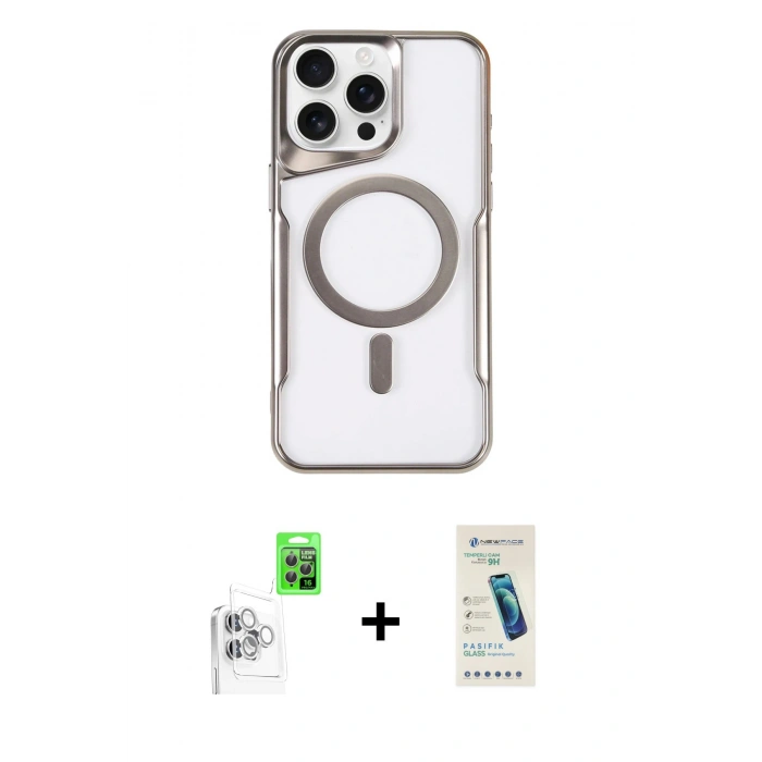 MARSİLYAN™- iPhone 16 Pro Max Kılıf Yadigar Klasik Özel Seri - Şeffaf Pasifik Cam Ekran Koruyucu + Beyaz Raze Metal Kamera Lens