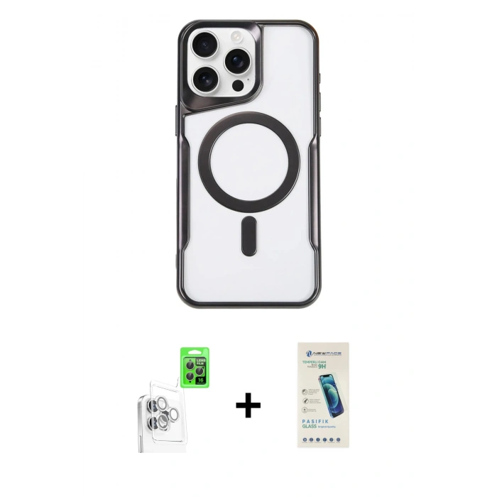 MARSİLYAN™- iPhone 16 Pro Max Kılıf Yadigar Klasik Özel Seri - Şeffaf Pasifik Cam Ekran Koruyucu + Beyaz Raze Metal Kamera Lens
