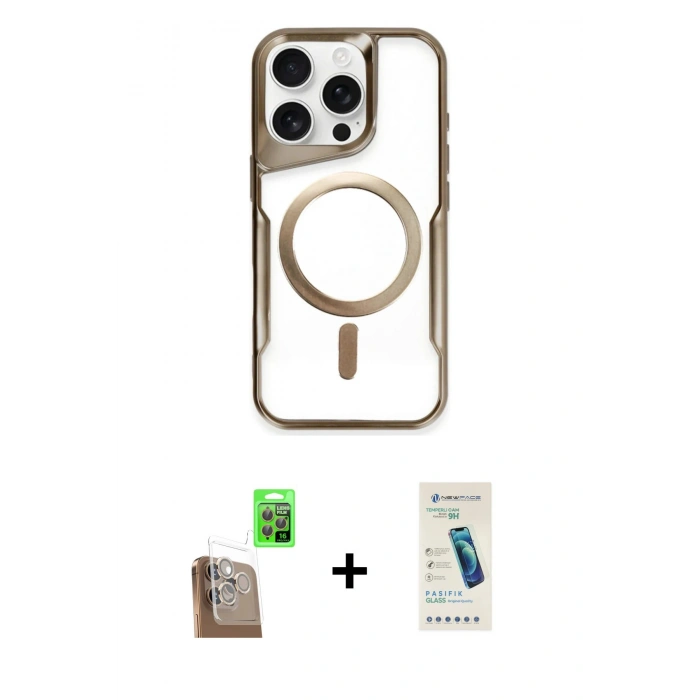MARSİLYAN™- iPhone 16 Pro Max Kılıf Yadigar Klasik Özel Seri - Şeffaf Pasifik Cam Ekran Koruyucu + Çöl Titanyum Raze Metal Kamera Lens