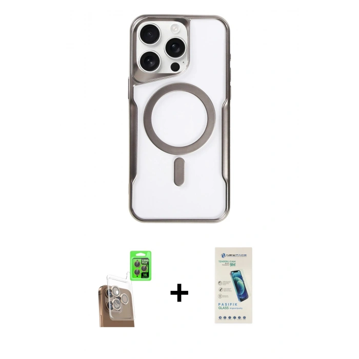 MARSİLYAN™- iPhone 16 Pro Max Kılıf Yadigar Klasik Özel Seri - Şeffaf Pasifik Cam Ekran Koruyucu + Çöl Titanyum Raze Metal Kamera Lens