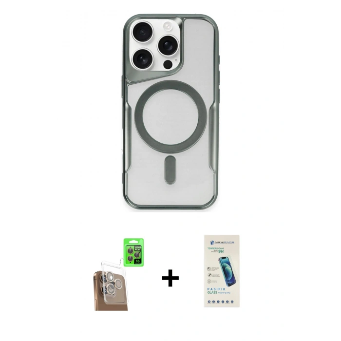 MARSİLYAN™- iPhone 16 Pro Max Kılıf Yadigar Klasik Özel Seri - Şeffaf Pasifik Cam Ekran Koruyucu + Çöl Titanyum Raze Metal Kamera Lens