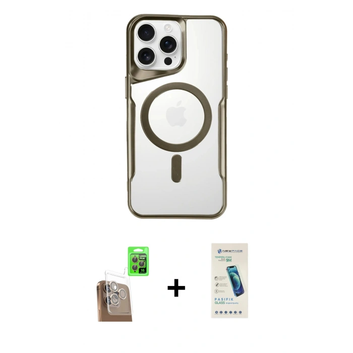 MARSİLYAN™- iPhone 16 Pro Max Kılıf Yadigar Klasik Özel Seri - Şeffaf Pasifik Cam Ekran Koruyucu + Çöl Titanyum Raze Metal Kamera Lens