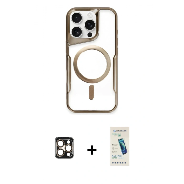 MARSİLYAN™- iPhone 16 Pro Max Kılıf Yadigar Klasik Özel Seri - Şeffaf Pasifik Cam Ekran Koruyucu + Gold PVD Metal Kamera Lens