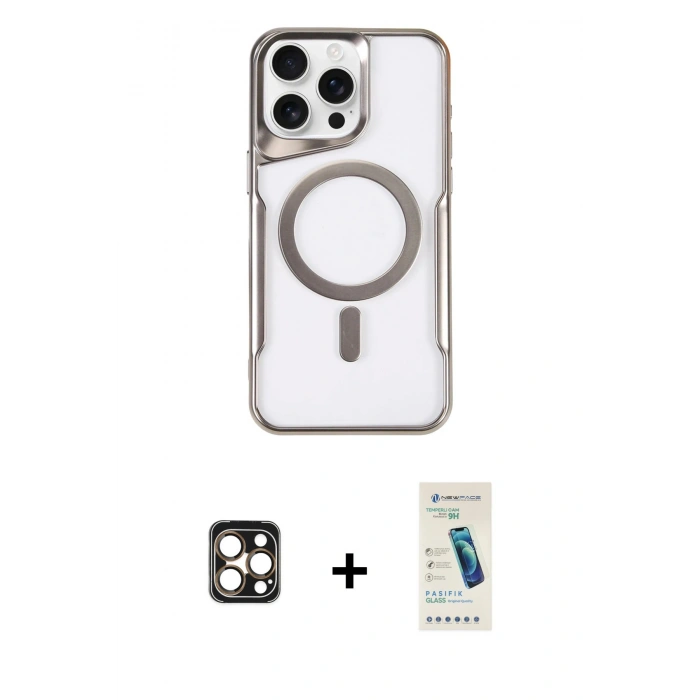 MARSİLYAN™- iPhone 16 Pro Max Kılıf Yadigar Klasik Özel Seri - Şeffaf Pasifik Cam Ekran Koruyucu + Gold PVD Metal Kamera Lens